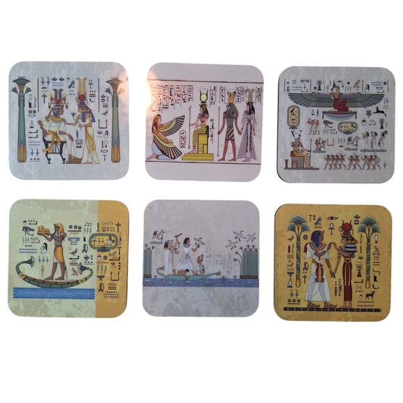 Egyptian Themed Coasters Hieroglyphics Ancient Art Design Set of 6 Foam Backing - Picture 1 of 7